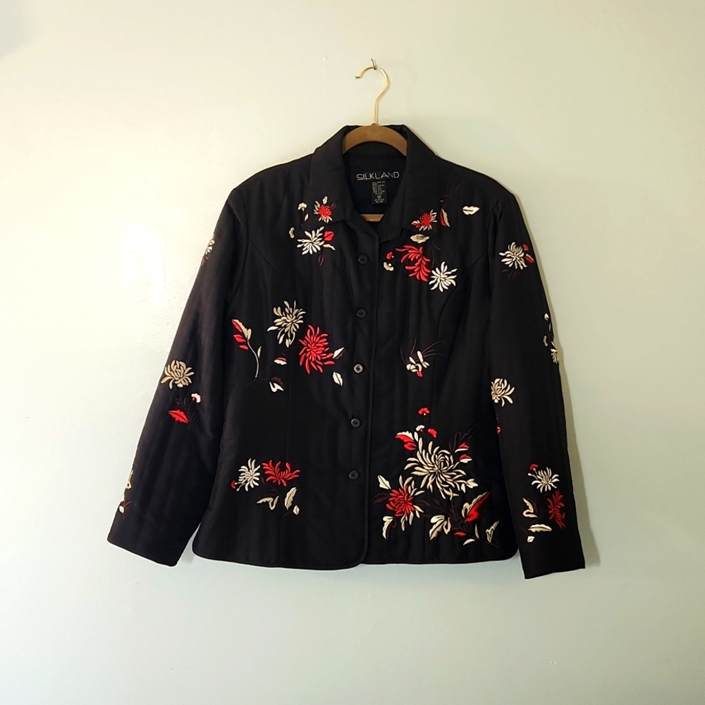Silkland Size 14 Black Floral 100% Pure Silk Button-down Jacket - Acetate Lining